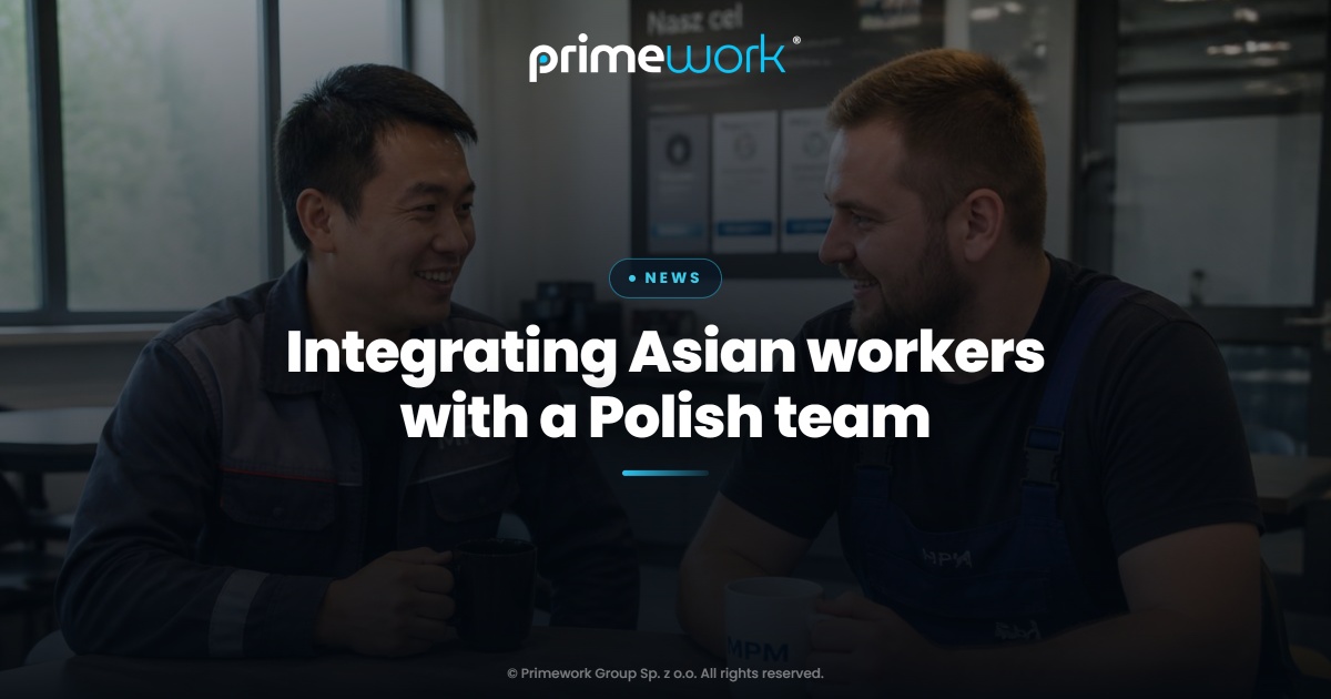 An Asian worker and a Polish colleague talking in a plant break room – Primework Group article graphic
