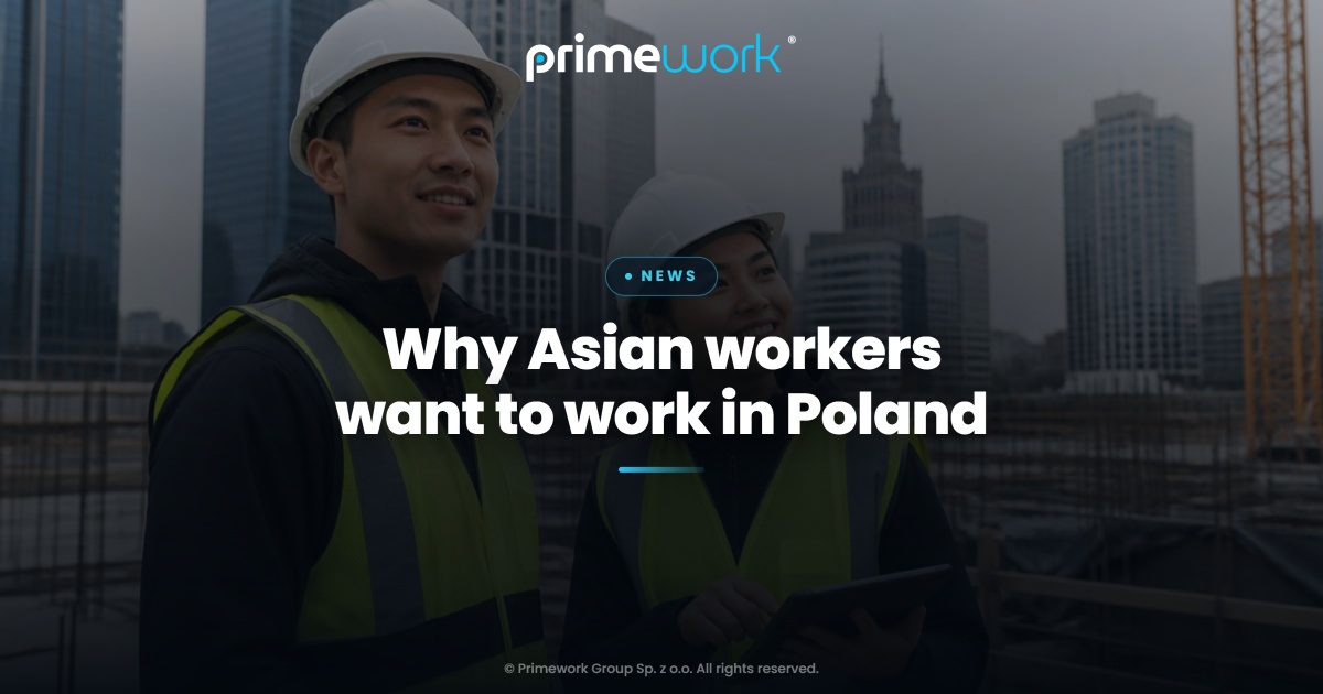 Workers from Asia in high-visibility vests on a construction site in Warsaw – Primework Group article graphic