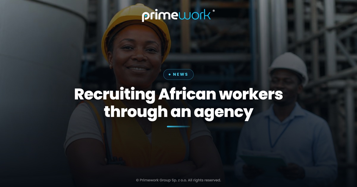 An African worker in a helmet and vest next to a recruiter holding documents – Primework Group article graphic